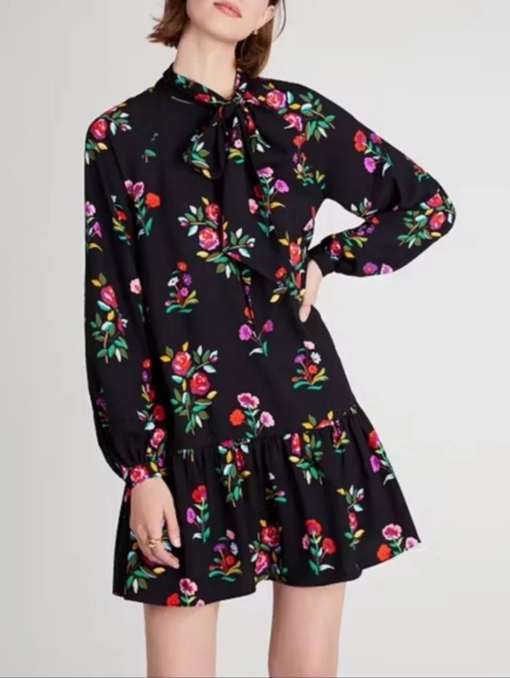 Kate Spade New York Autumn Floral Tie Neck Dress Size Large
